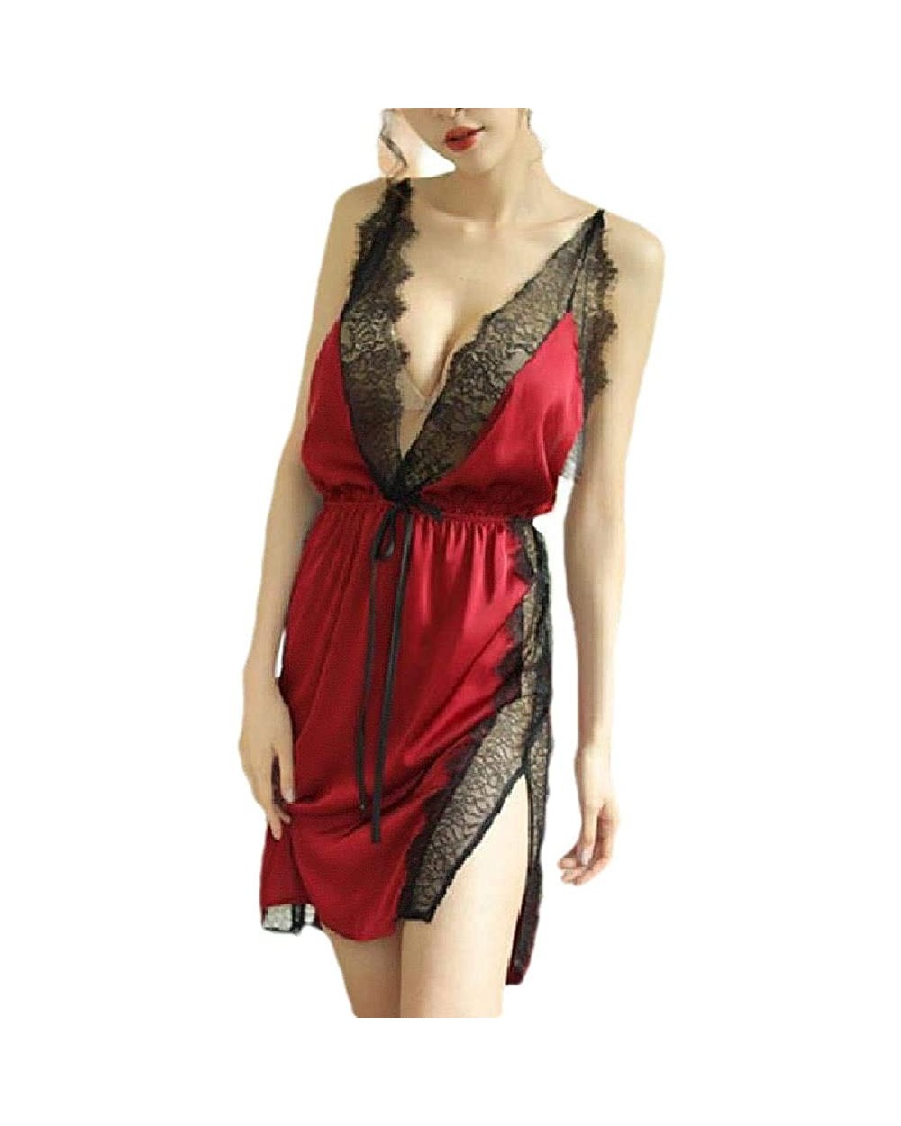 Women Lace Patchwork Charmeuse Split Backless Sexy Sling Sleep Dress - Red - C0199SNE69D $29.31 Nightgowns & Sleepshirts