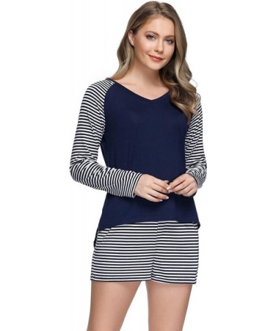 Sleepwear Set for Women Two Piece Cotton PjsSet Long Sleeve Striped Pajama Top & Shorts - Navy - CX193IWZR6G $38.36 Sets