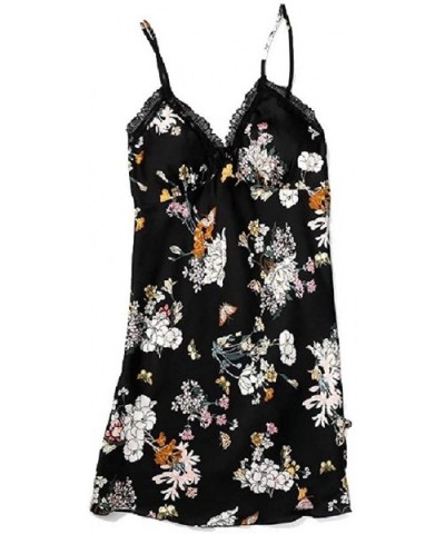 Women's Lace Stiching Pajama Sling Printed Retro Lounger Sleep Dress - Black - C119E733XW5 $42.54 Nightgowns & Sleepshirts