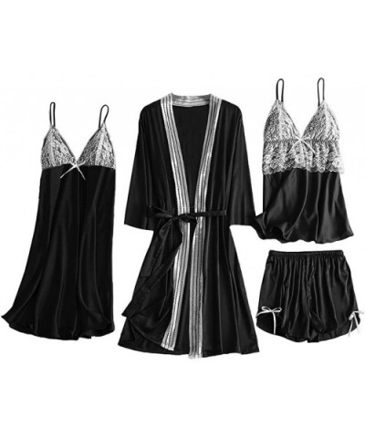 4Pcs Womens Silk Satin Bathrobe Pajamas Nightgown Kimono Lace Sleepwear Babydoll Nightdress with Shorts Sets Black - CU1947ZA...