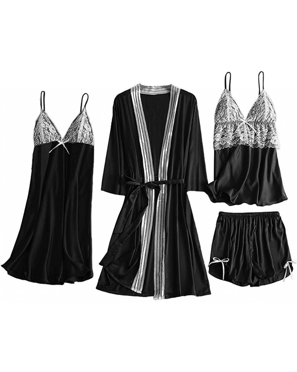 4Pcs Womens Silk Satin Bathrobe Pajamas Nightgown Kimono Lace Sleepwear Babydoll Nightdress with Shorts Sets Black - CU1947ZA...