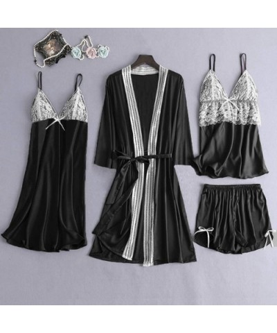 4Pcs Womens Silk Satin Bathrobe Pajamas Nightgown Kimono Lace Sleepwear Babydoll Nightdress with Shorts Sets Black - CU1947ZA...