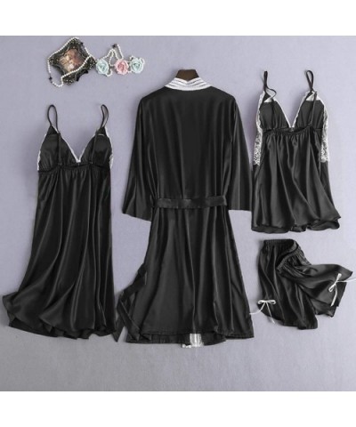 4Pcs Womens Silk Satin Bathrobe Pajamas Nightgown Kimono Lace Sleepwear Babydoll Nightdress with Shorts Sets Black - CU1947ZA...