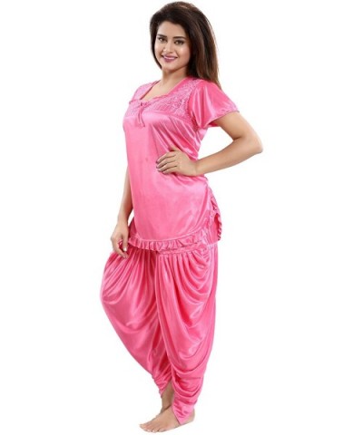 Satin Solid Top & Patiyala Pyjama Night Suit for Women (Multicolor- Free Size) - Pink - CB18ZGQSQC3 $59.05 Sets