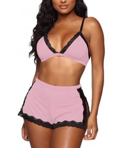 New Women Lace Bra Shorts Lingerie Set Lingerie Sleepwear Pajamas Underwear - Pink - CZ18YGLS286 $21.02 Garters & Garter Belts