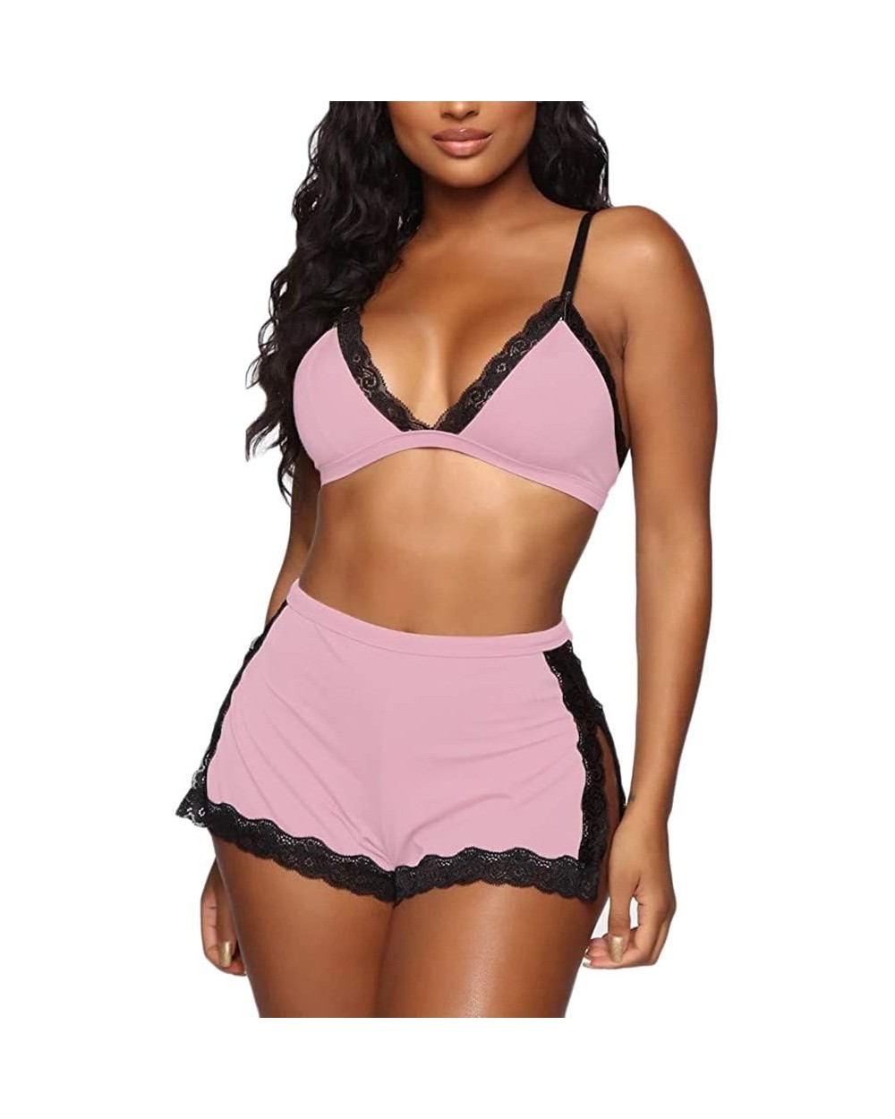 New Women Lace Bra Shorts Lingerie Set Lingerie Sleepwear Pajamas Underwear - Pink - CZ18YGLS286 $21.02 Garters & Garter Belts