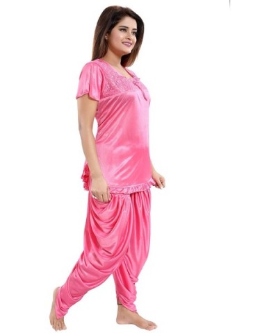 Satin Solid Top & Patiyala Pyjama Night Suit for Women (Multicolor- Free Size) - Pink - CB18ZGQSQC3 $59.05 Sets