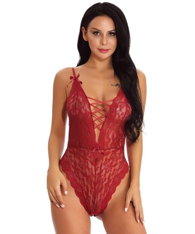 Sexy Lingerie for Women - Lace One-Piece Teddy Bodysuit Nightie Plus Size S-2XL Long Lace Kimono Robe Romper - Wine Red - CK1...