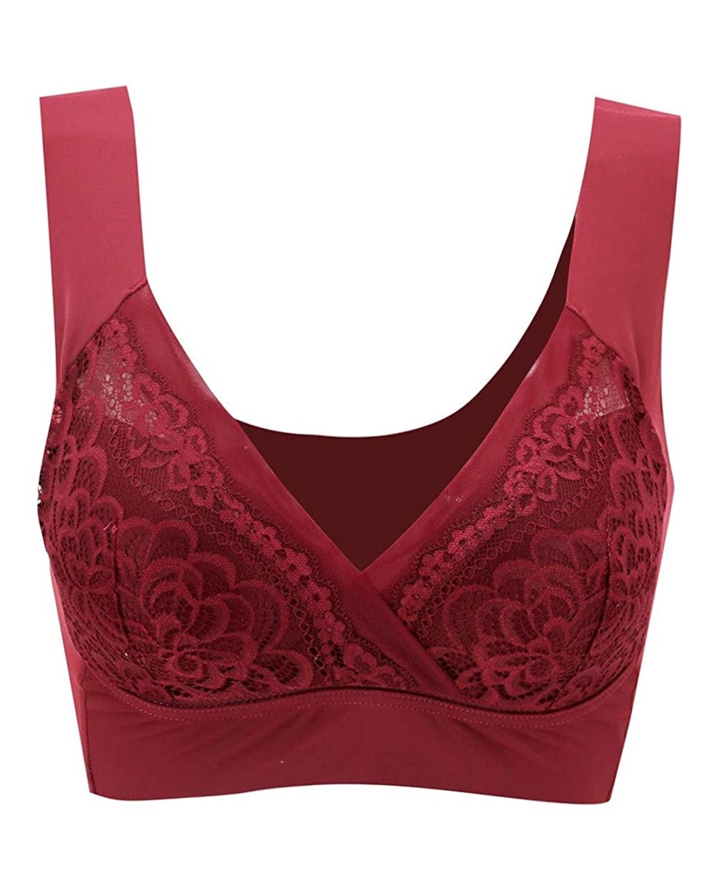 Women's Comfortable Sexy Air Permeable Extra Support Wirefree Lace Bra Everyday Bras - Red - CM18XEDIKUH $29.76 Bras