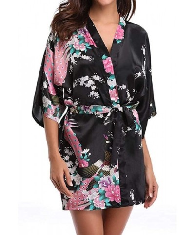 Women Kimono Robe Peacock Bridal Satin Kimono Robes Silk Short Robe - Black - CN19DQQO8D8 $32.84 Robes