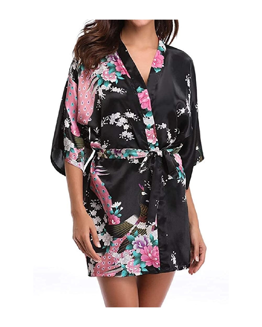 Women Kimono Robe Peacock Bridal Satin Kimono Robes Silk Short Robe - Black - CN19DQQO8D8 $32.84 Robes