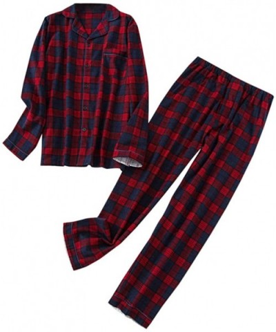 Mens Button Down Pajamas Set Lightweight Long Cotton Sleepwear Loungewear - Plaid/Red - CN19DEO9W4R $51.47 Sleep Sets