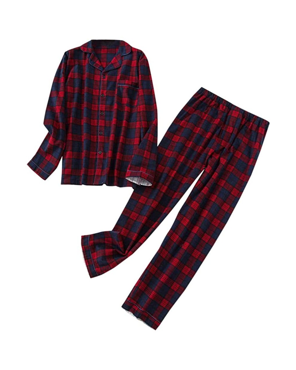 Mens Button Down Pajamas Set Lightweight Long Cotton Sleepwear Loungewear - Plaid/Red - CN19DEO9W4R $51.47 Sleep Sets