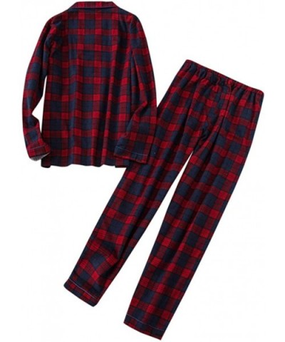 Mens Button Down Pajamas Set Lightweight Long Cotton Sleepwear Loungewear - Plaid/Red - CN19DEO9W4R $51.47 Sleep Sets