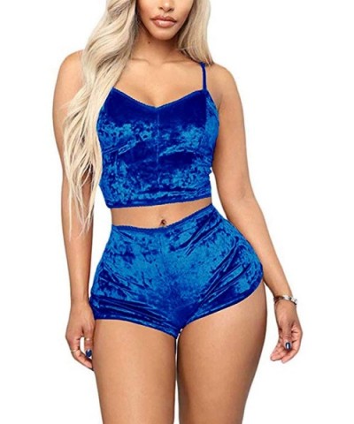 Women's Velvet 2PCS Outfits Spaghetti Strap Crop Top and Shorts Pajama Sets Pjs Lounge Wear - Royal Blue - CQ19D3NK67R $16.10...