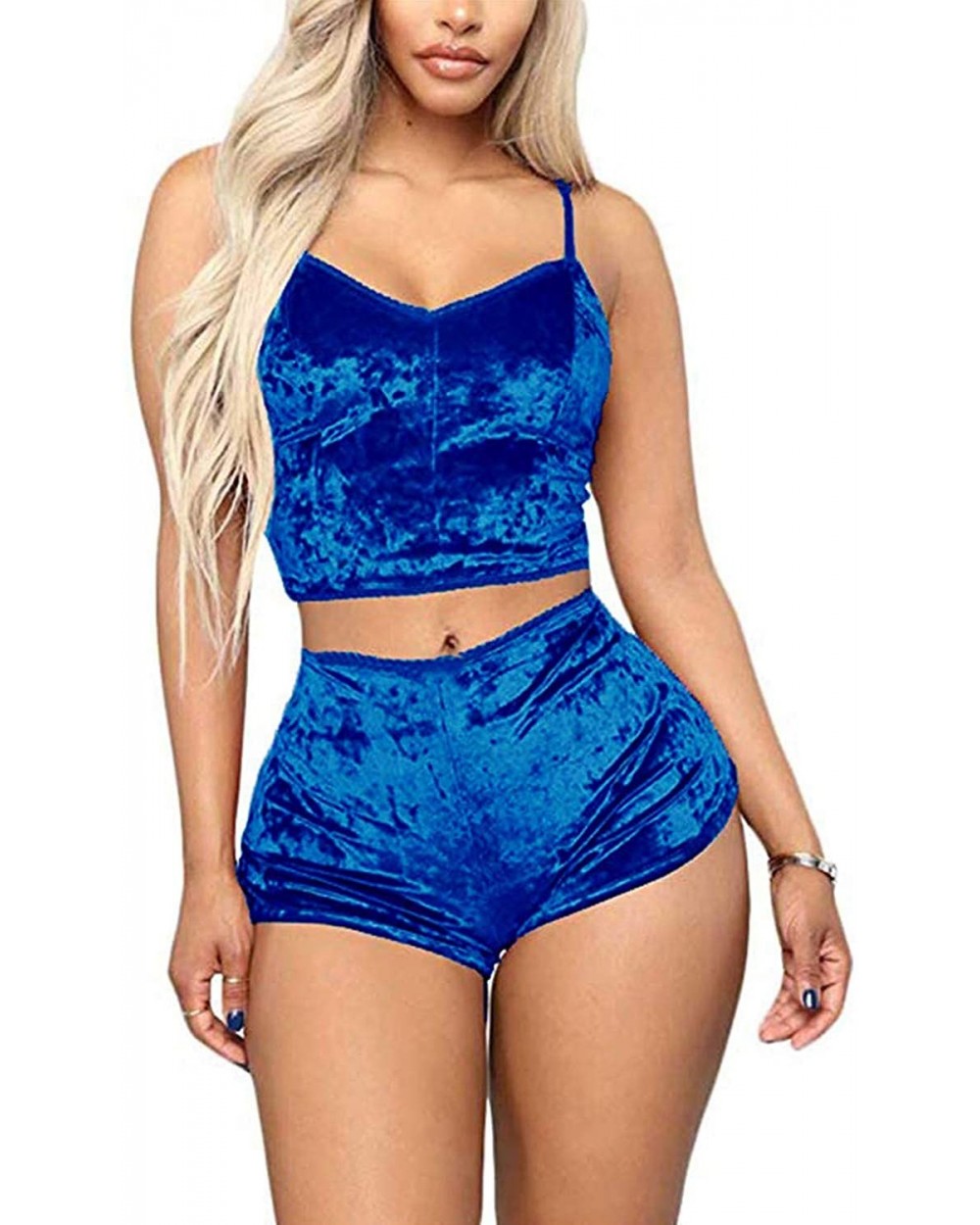 Women's Velvet 2PCS Outfits Spaghetti Strap Crop Top and Shorts Pajama Sets Pjs Lounge Wear - Royal Blue - CQ19D3NK67R $16.10...