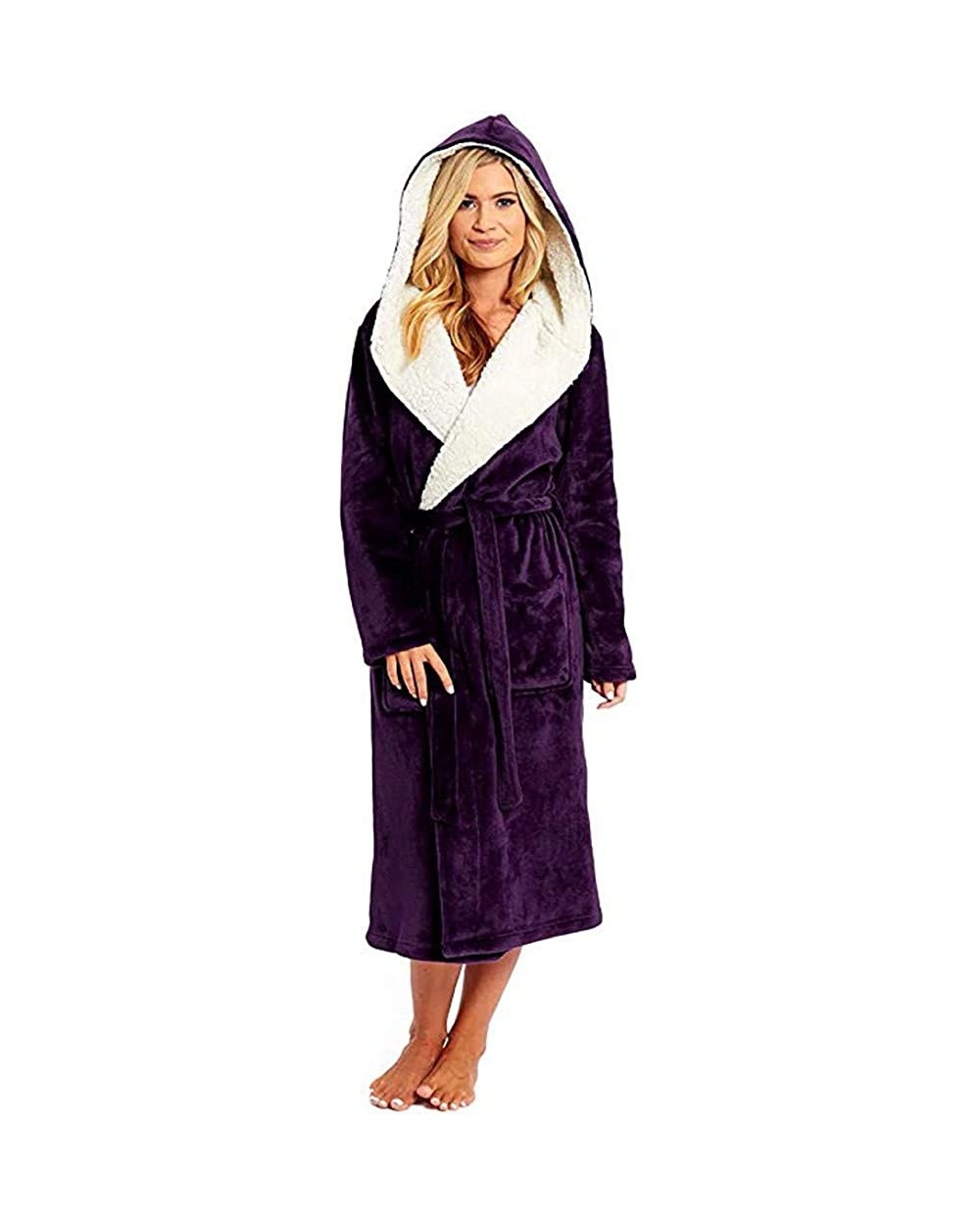 Women Nightgowns Winter Sleepshirts Plush Lengthened Pajama Shawl Bathrobe Solid Color Robe Coat - Purple - CO194CTSDZY $37.6...