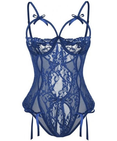 Sexy Lingerie for Women Underwire Teddy Bodysuit Lace Mesh Babydoll Clubwear - Blue - C118WOL9X8U $15.62 Baby Dolls & Chemises