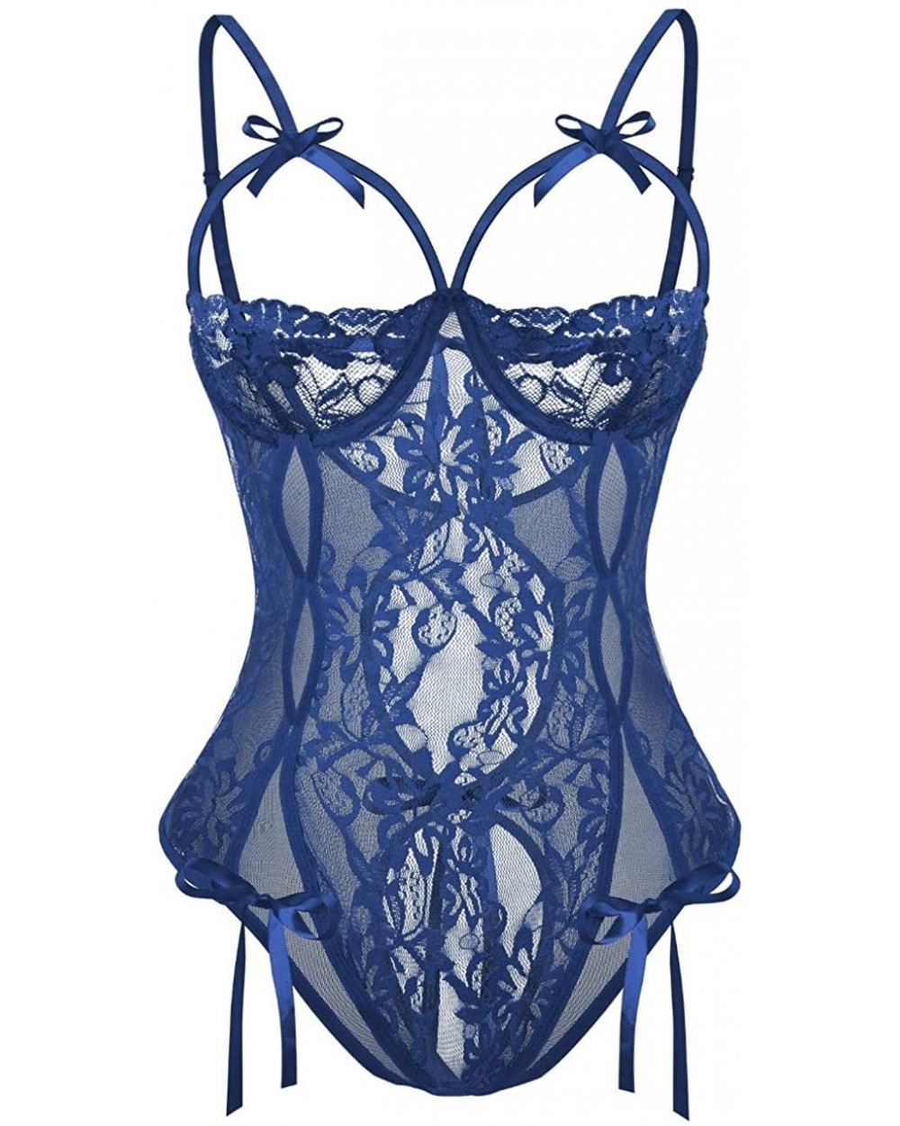 Sexy Lingerie for Women Underwire Teddy Bodysuit Lace Mesh Babydoll Clubwear - Blue - C118WOL9X8U $15.62 Baby Dolls & Chemises