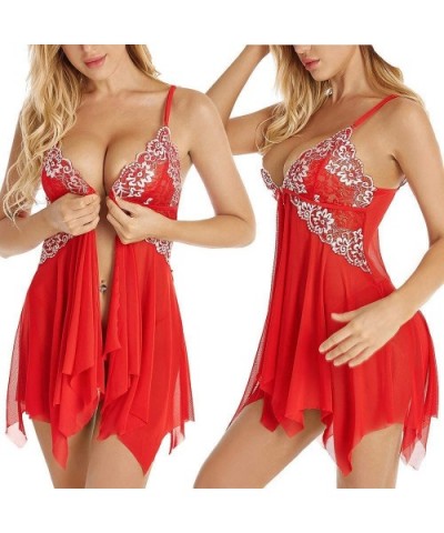 Lingerie Women's Sexy Babydoll Lace Silks Lingerie G-String Set Pajamas Underwear Plus Size Sleepwear - Red - CI18M3YA4UQ $14...