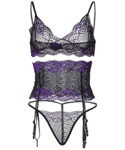 Women Sexy Lingerie Lace Babydoll Bodysuit Garter Belt Set - Purple - CG1963I8982 $13.84 Baby Dolls & Chemises