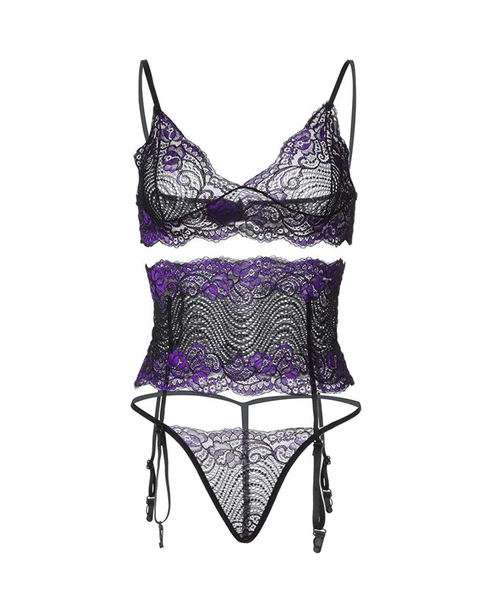 Women Sexy Lingerie Lace Babydoll Bodysuit Garter Belt Set - Purple - CG1963I8982 $13.84 Baby Dolls & Chemises