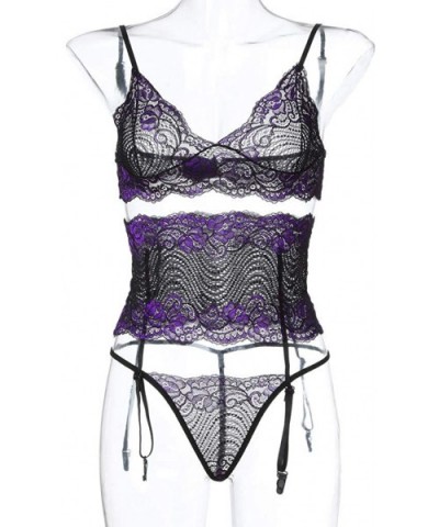 Women Sexy Lingerie Lace Babydoll Bodysuit Garter Belt Set - Purple - CG1963I8982 $13.84 Baby Dolls & Chemises