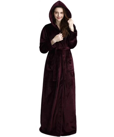 Womens Long Hooded Bathrobe Fleece Full Length Bathrobe with Hood Winter Sleepwear - Wine - C118HHT976O $62.86 Robes