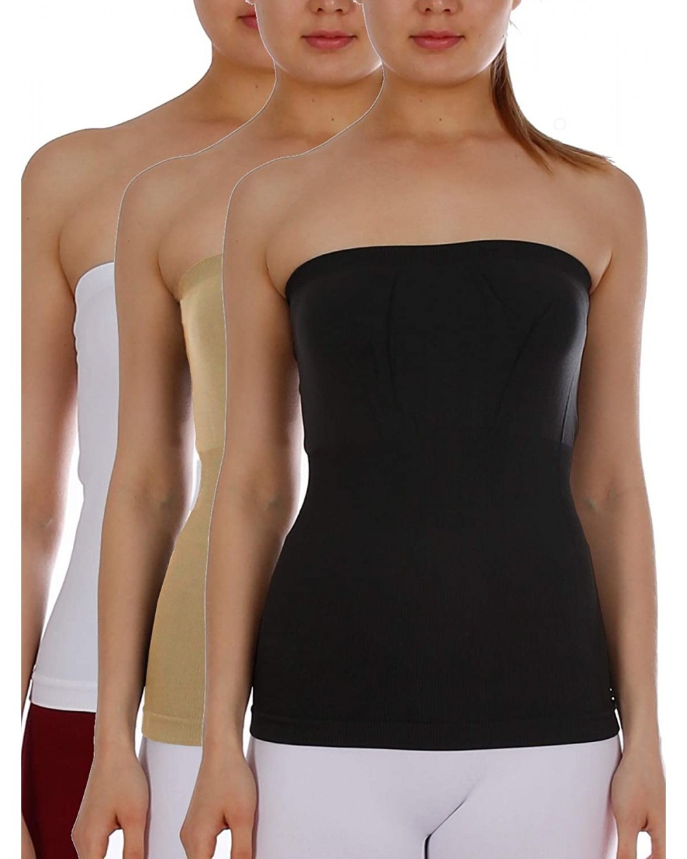 3 Pack Women's Seamless Stretch Long Bandeau Tube Top Ribbing Bottom Slimming Shirt - Black | Beige | White - CJ18XDISG7Y $29...