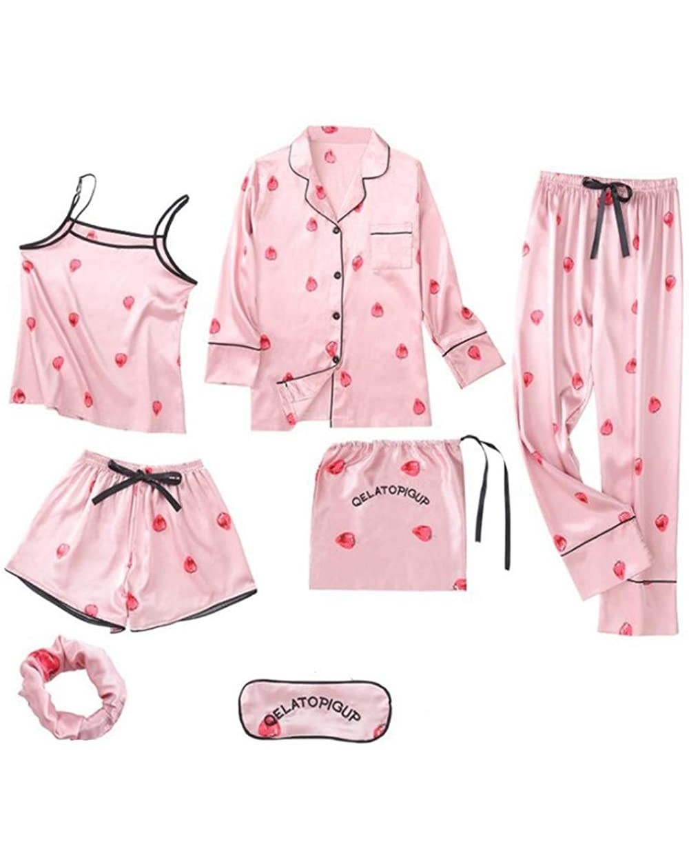 Women's Silky Satin Pajamas Sleepwear Loungewear Cute Printed Seven Pieces Pj Sets Sleeping Homewear - Pink 3 - CJ19C4YGIYS $...