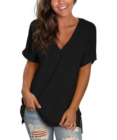 Women's Tshirts Casual V Neck Short Sleeve Loose Summer Tunic Tops - S Black - C319C29MWK8 $29.14 Tops