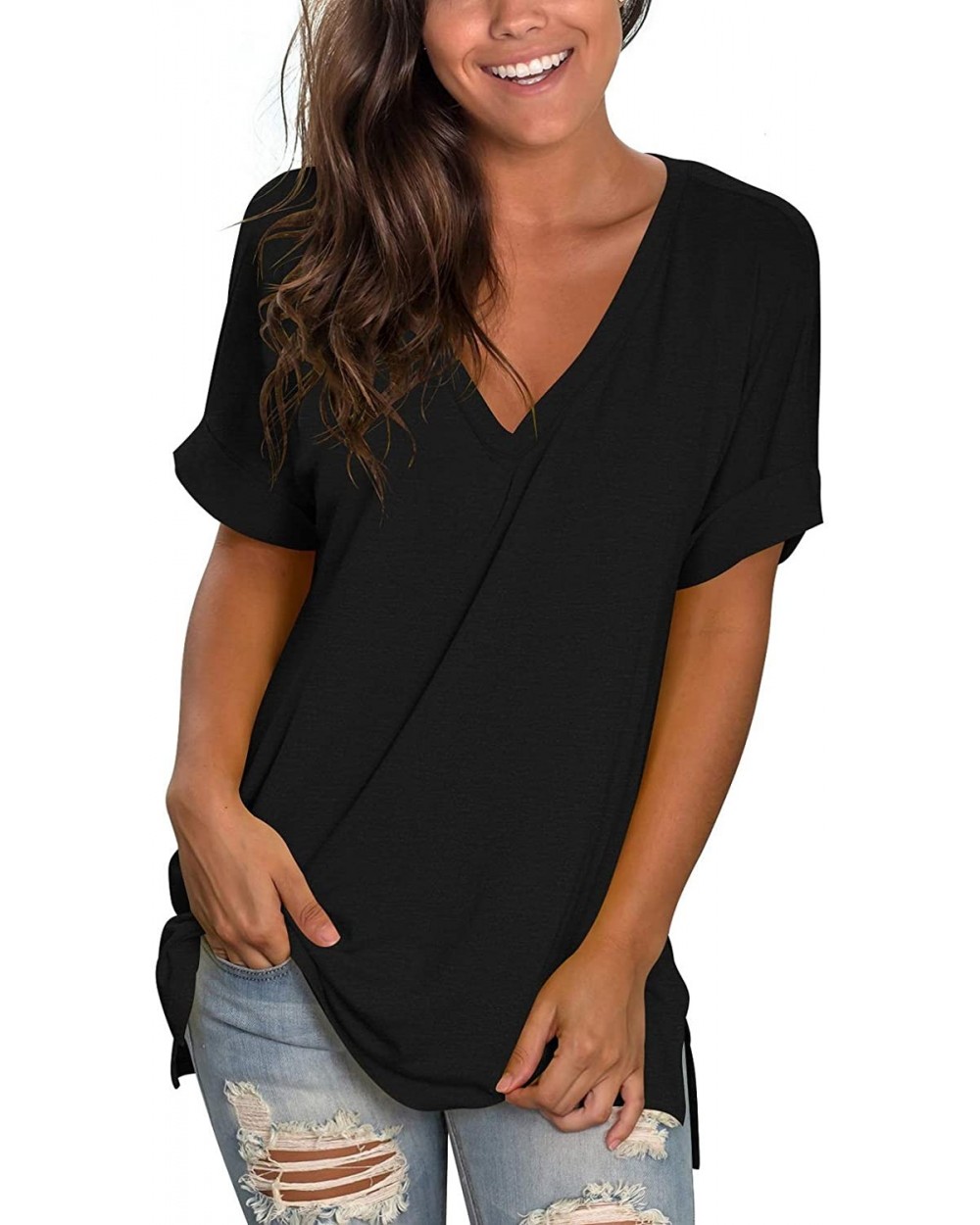 Women's Tshirts Casual V Neck Short Sleeve Loose Summer Tunic Tops - S Black - C319C29MWK8 $29.14 Tops