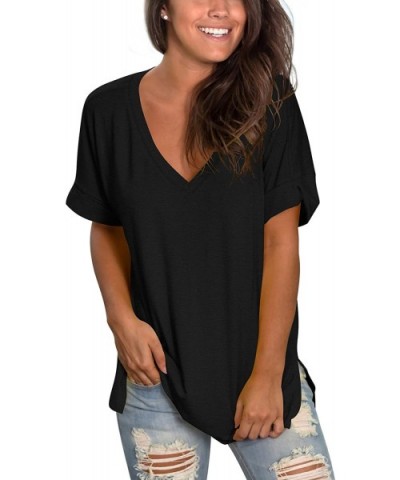 Women's Tshirts Casual V Neck Short Sleeve Loose Summer Tunic Tops - S Black - C319C29MWK8 $29.14 Tops