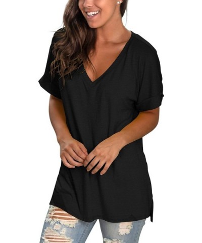 Women's Tshirts Casual V Neck Short Sleeve Loose Summer Tunic Tops - S Black - C319C29MWK8 $29.14 Tops