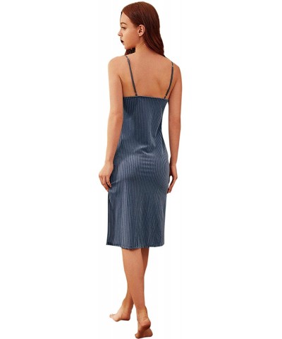 Women's V Neck Floral Lace Split Side Velvet Cami Dress Nightwear - Blue-2 - CG193E48I0Z $29.02 Nightgowns & Sleepshirts