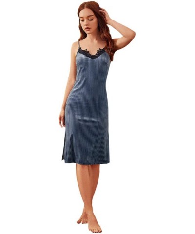 Women's V Neck Floral Lace Split Side Velvet Cami Dress Nightwear - Blue-2 - CG193E48I0Z $29.02 Nightgowns & Sleepshirts