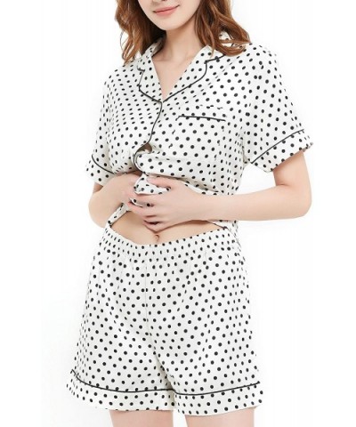 Womens Satin Pajama Set Shorts Button Down Silk Sleepwear Lounge Sets - Milky White and Black Spots - C5199GIMN7Y $33.86 Sets