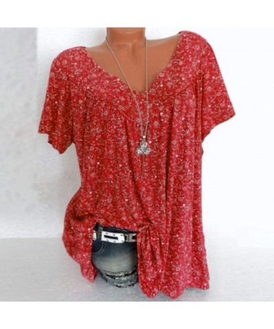 Women's Large Size Short-Sleeved T-Shirt Shirt Fashion V-Neck Printed Shirt Pullover Top - Red - CQ18S7O4UYR $22.53 Thermal U...