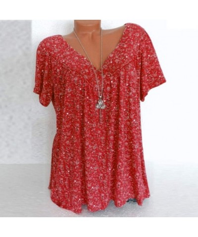 Women's Large Size Short-Sleeved T-Shirt Shirt Fashion V-Neck Printed Shirt Pullover Top - Red - CQ18S7O4UYR $22.53 Thermal U...