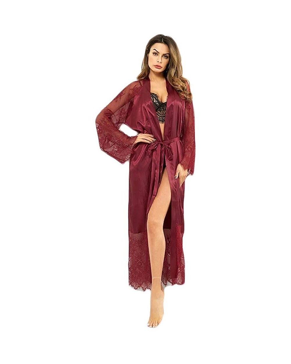 Womens Sexy Silk Lace Satin Kimono Robe Bathrobe Lingerie Sleepwear Belt Pajamas - Red - CU18Z9MTWCH $18.51 Bottoms