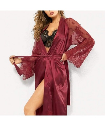 Womens Sexy Silk Lace Satin Kimono Robe Bathrobe Lingerie Sleepwear Belt Pajamas - Red - CU18Z9MTWCH $18.51 Bottoms