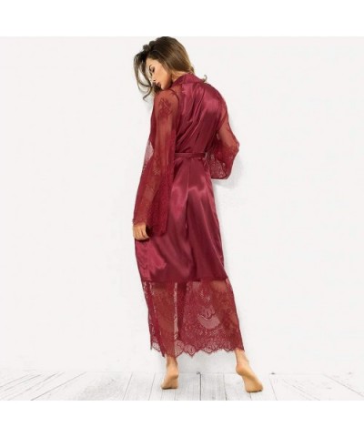 Womens Sexy Silk Lace Satin Kimono Robe Bathrobe Lingerie Sleepwear Belt Pajamas - Red - CU18Z9MTWCH $18.51 Bottoms