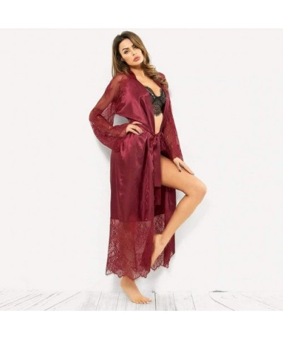 Womens Sexy Silk Lace Satin Kimono Robe Bathrobe Lingerie Sleepwear Belt Pajamas - Red - CU18Z9MTWCH $18.51 Bottoms