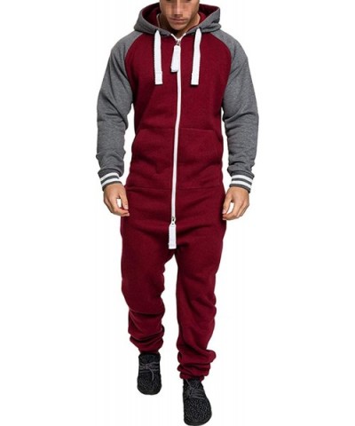 Men Hoodie Onesie Jumpsuit- Long Sleeve Patchwork Overall Zip Up Romper Playsuit - Red - CY18M232LTA $61.66 Sleep Sets