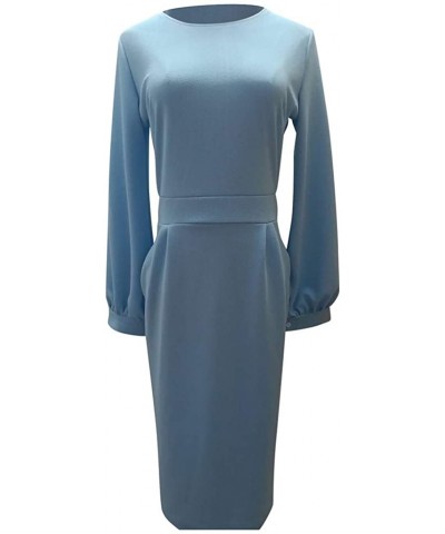 Womens Solid Casual Dress Elegant Long Sleeve O-Neck Slim Fit Pencil Dresses - Light Blue - CB193NQIO3U $30.58 Slips