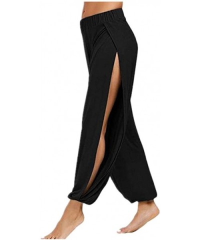 Women's Solid Color Split High Stretch Exercise Running Yoga Leisure Pants - Black - CP190HTYZM9 $30.51 Slips