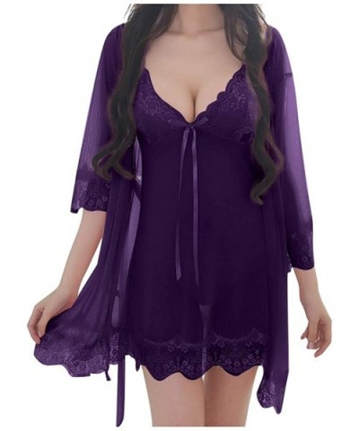 Sexy Pajamas Set-Women's Babydoll Lingerie Sexy Bridal Lace Nightgowns Sheer Chemise Boudoir Nighty - Dark Purple - CB193EIT6...