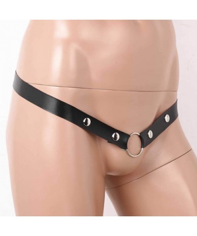 Men's Lace/Faux Leather Lingerie Low Rise Open Butt Bikini Briefs Thongs with Metal O-Ring - Black Type D - CH198UNG0DN $15.2...