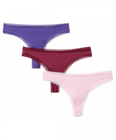 Women's Lace Trim Cotton Thong Underwear- 3 Pack - Navy Blue Blue/Lilac/Grape Wine - CG187CUQ4L4 $16.12 Panties