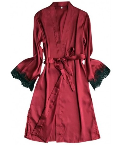 Women Satin Silk Sleepwear Sexy Long Bath Robe Pajamas Lingerie Set with Belt - Red - C618LXCMTM0 $15.61 Bustiers & Corsets